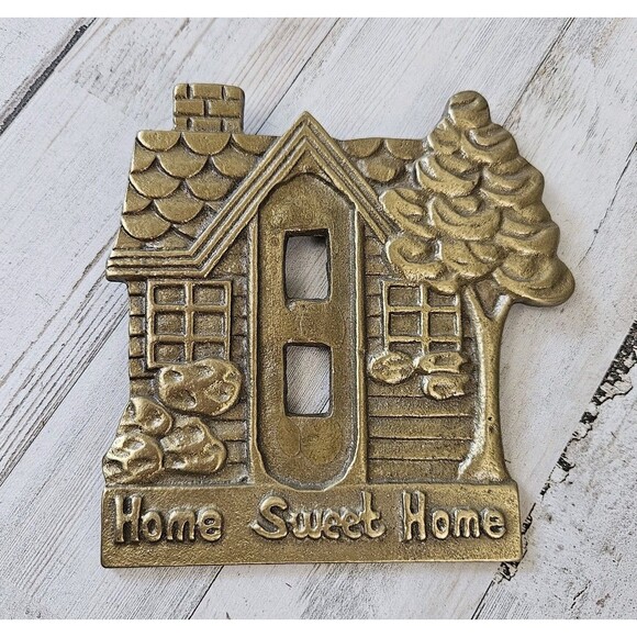Vintage Taiwan Brass Home Sweet Home Dual Light Switch Cover Wall Cottage Prarie - Picture 1 of 4